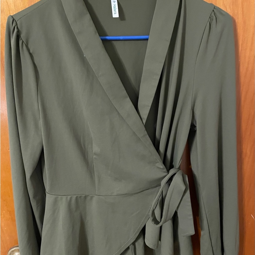 Halara Shawl Collar Wrapped Tie Side Ruffle Hem Blouse.